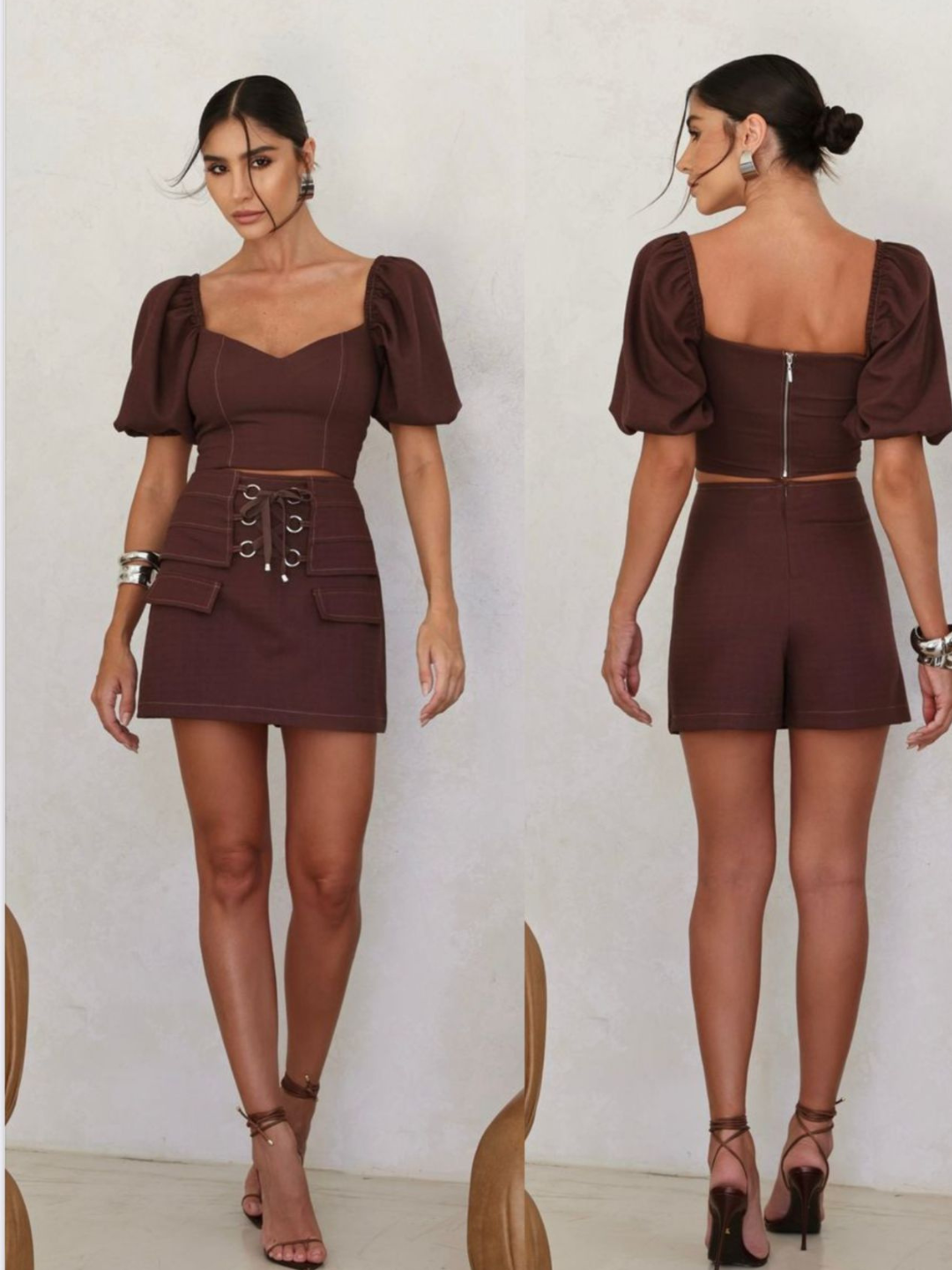 Conjunto Cropped com Short e Saia